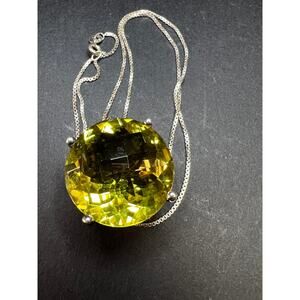 Huge Lemon Quartz Sterling Silver Statement Pendant Necklace 18” Chain